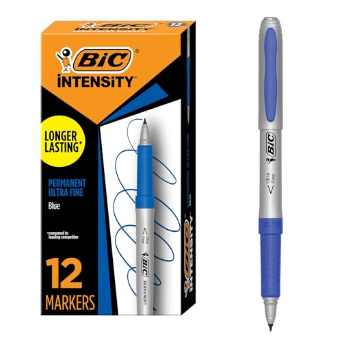 BIC Intensity Blue Permanent Markers, Ultra Fine Point, 12-Count Pack of Blue Markers With Non-Slip Grip for Comfort and Control - color: Blue, style: Ultra Fine Point