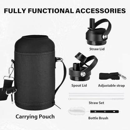 One Gallon Insulated Water Bottle, Triple Wall Vacuum 128 oz Stainless Steel Water Bottles (Cold for 48 Hrs), Leak Proof, Non-BPA, Large Water Flask Jug with Straw Lid & Spout Lid - color: Black-Y, size: 128 Ounces