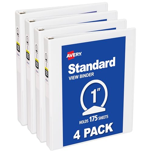 Avery Standard View 3 Ring Binders, 1" Round Rings, 175-Sheet Capacity, 1.4 Inch Wide Spine, White Binders, Ideal for Lightweight Organization and Occasional Referencing (4-Pack of 19200) - size: 1"