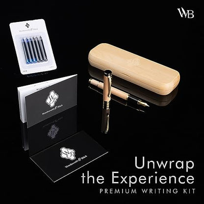 Wordsworth & Black Fountain Pen Set, Luxury Bamboo Wood - Medium Nib, Gift Case; Includes 6 Ink Cartridges, Ink Refill Converter -Journaling, Calligraphy; Drawing, Smooth Writing [Maple Wood] | Maple Wood, Gift for Men Women, German Iridium 18K Gilded, Ca