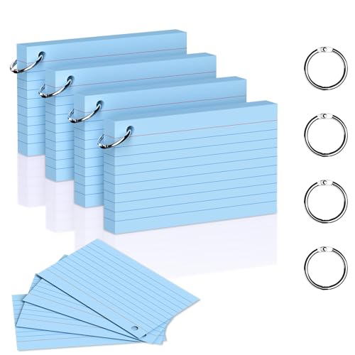 200 Count 3 x 5 Inch Blue Index Cards with Binder Rings, Lined & Blank Study Cards, Thick Cardstock Flash Cards for Students & Teachers, Color-Coded Notecards for School, Home, Work - color: Blue-Rings