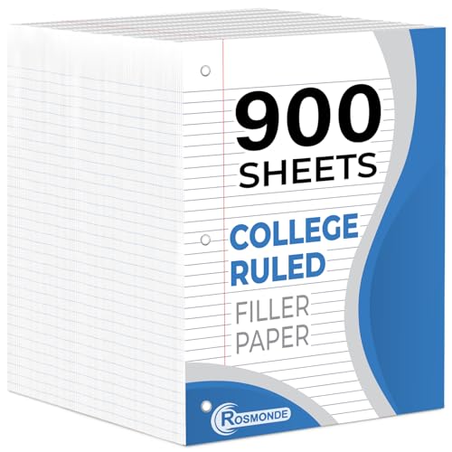 Rosmonde 6 Pack Loose Leaf Paper, 900 Sheets, College Ruled Filler Paper | Bulk Office Filler Paper, 8" x 10.5", 3 Hole Punched, 150 Sheets/Pack, College Ruled Notebook Paper for Binder, White - color: College Ruled, size: 6 Pack (900 Sheets)