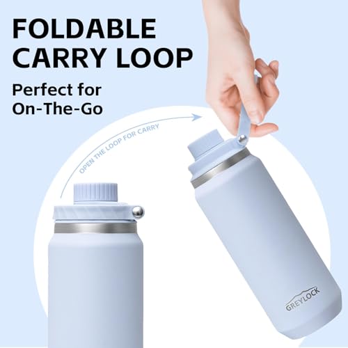 GREYLOCK 32 oz Insulated Water Bottle with Straw Lid, Leakproof Reusable Stainless Steel Vacuum Flask, 24hr Cold & Hot, Carry Handle & Silicone Spout, BPA-Free for Gym, Hiking, Travel,Blue - color: Glacier, size: 32 Ounces