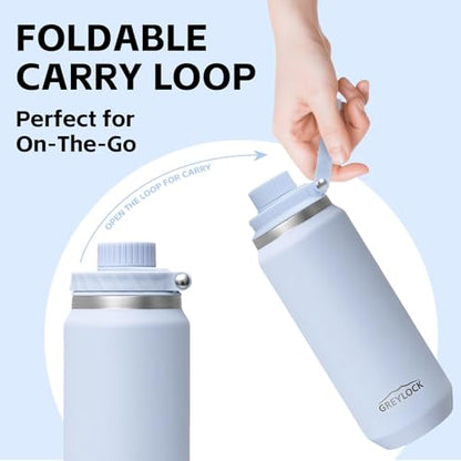 GREYLOCK 40 oz Insulated Water Bottle with Straw Lid, Leakproof Reusable Stainless Steel Vacuum Flask, 24hr Cold & Hot, Carry Handle & Silicone Spout, BPA-Free for Gym, Hiking, Travel,Blue - color: Glacier, size: 40 Ounces