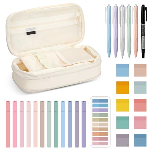 Jutom 39 Pcs Aesthetic Book Annotation Kit Highlighter with Case Bag Gel Pen Transparent Sticky Note Taking Bible Supplies(Cream,Cute Style) - color: Cream, style: Cute Style