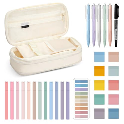 Jutom 39 Pcs Aesthetic Book Annotation Kit Highlighter with Case Bag Gel Pen Transparent Sticky Note Taking Bible Supplies(Cream,Cute Style) - color: Cream, style: Cute Style