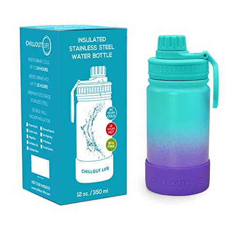 CHILLOUT LIFE 12oz Kids Insulated Stainless Steel Water Bottle with Leak Proof Spout Lid & 144 Stickers - color: Caribbean Lily, style: 12 oz