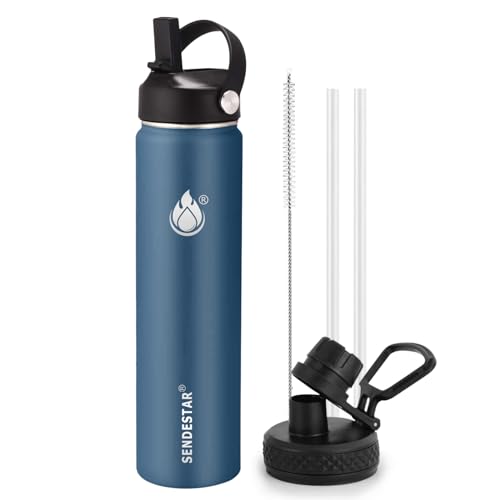 Insulated Water Bottle 24 oz with Straw, Stainless Steel Wide Mouth Water Bottle, Double Wall Vacuum Leak Proof with Straw Lid & Spout Lid for Sports or Office, Keep Cold or Hot Up to 24 Hrs - color: Cobalt, size: 24 Ounces