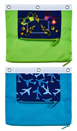 It's Academic Pencil Pouch for 3-Ring Binder, 2-Pockets with Zipper, for School Supplies, Large & Mini Pouch, Navy & Jets Design, 2-Pack - color: Blue/Green