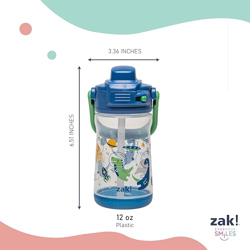 Zak Designs Beacon Kid Water Bottle for Travel or At Home, 12oz Plastic is Durable and Leak-Proof with Liquid Lock Spout, Cover, Carry Handle, Protective Base (Dinosaur) - color: Dinosaur