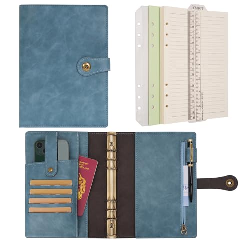 WONDERPOOL A5 Binder Journal Leather Spiral Notebook Refillable College Ruled Paper, Budget Binder Rings Diary Organizer with Pen for Office School Travel Business Planning Writing (Light blue, A5) - color: Light blue, size: A5