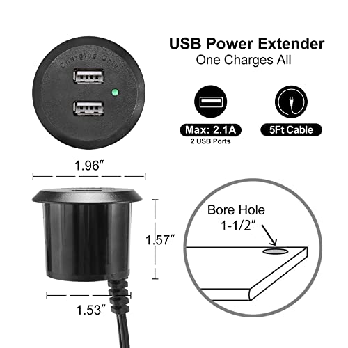 Desktop USB Power Grommet Recessed Mount Power Hub Desk Power Outlet USB Charging Center Built in Nightstand Cabinet Sofa 2 USB 2.1A - size: 5 ft