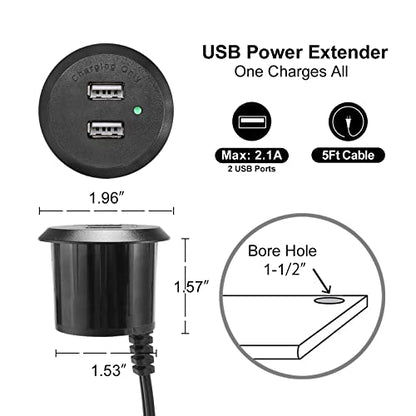 Desktop USB Power Grommet Recessed Mount Power Hub Desk Power Outlet USB Charging Center Built in Nightstand Cabinet Sofa 2 USB 2.1A - size: 5 ft