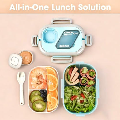 PEDECO Blue Bento Box with Bag, 2-Tier Stackable with Utensils & Sauce Box | 3 compartments prevent food mixing,Portable sauce pod included,Microwave safe,BPA-free, for adults, kid, work, travel,pinic - color: Blue