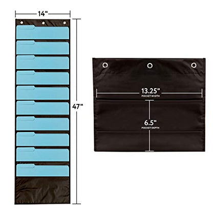IMPRESA Deep File Pocket Chart - 47 x 14 in, Black - 2-Pack 20-Pocket Chart for Classroom Folders - Reinforced Grommets & Wall File Holder for Teachers
