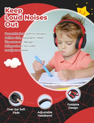 iClever BTH12 Kids Bluetooth Headphones,Colorful LED Lights,74/85dBA Safe Volume,85H Playtime,Fast Charging,Bluetooth 5.2,Over Ear Kids Headphones Wireles for iPad/Tablet/Airplane,Black/Red - color: Black/Red