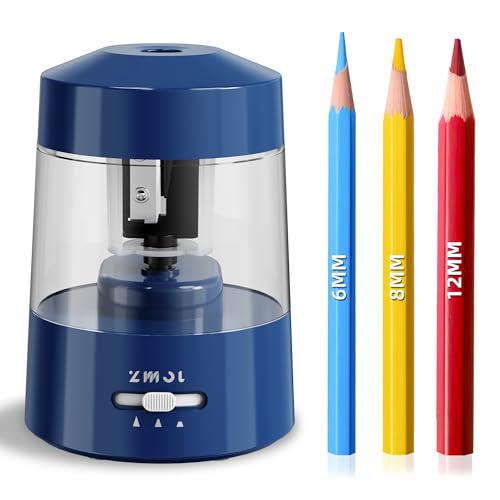 ZMOL 전동 연필깎이 배터리 작동 파워 아동용 컬러 및 점보 연필 No.2/(6-12mm) 안전하고 쉬운 사용 플러그 인 휴대용 교실/사무실/가정용 (AC 어댑터, USB, 배터리) 포함, 다크 블루 - color: 다크 블루