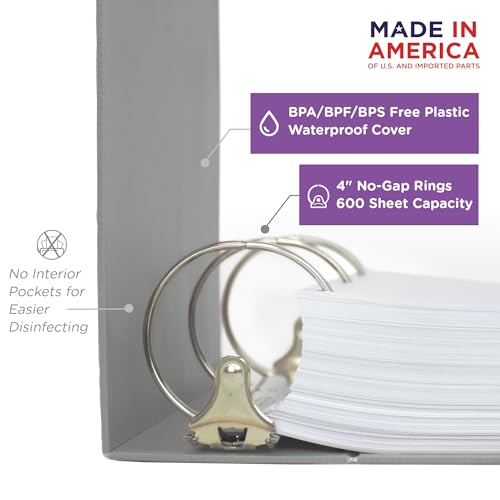 Carstens 4-Inch Heavy Duty 3-Ring Binder - Side Opening, Ash Gray, Durable Plastic, Precision No-Gap Rings, Waterproof Cover, No Pockets, Holds 600 Letter Sheets, BPA-Free, Made in USA (1842-3R) - color: Gray, size: Individual