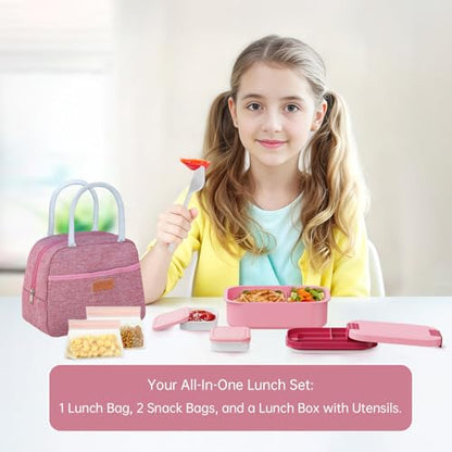 JBGOYON 4-in-1 Bento Box and Insulated Lunch Bag Set, Pink | 6-hour insulation, 7.5 L lunch bag, leakproof 1.9 L container with 2 sauce cups, fork and spoon, 2 snack bags, BPA-fre - color: Pink
