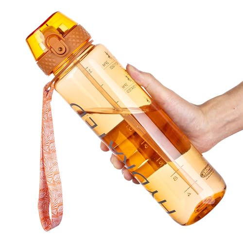 GOPPUS Clear Water Bottle With Straw 32oz Clear Sports Water Bottles Motivational with Time Marker Tritan BPA Free Clea Plastic Water Bottle Wide Mouth for Gym Travel Home School Office - color: Orange