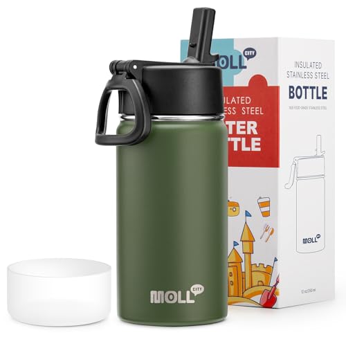 12 oz Water Bottle for Kids-Small Insulated Water Bottle with Straw-Stainless Steel Double Wall Vacuum Sports Water Bottle for School (Grass Green) - color: Grass Green, size: 12 Ounces