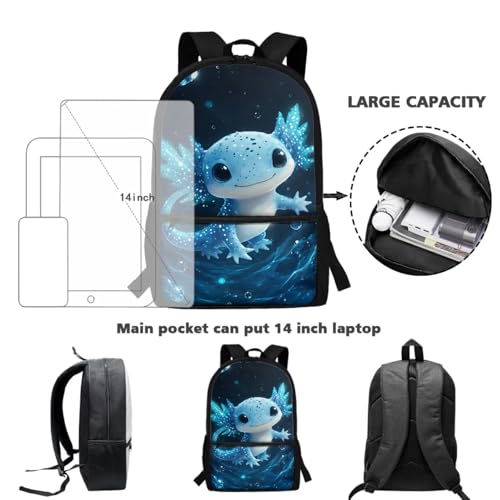 CLOHOMIN Blue Axoltol School Backpack for Kids with Lunchbox 6th Grade High School Bag and Lunch Bag and Water Bottle Holder for Girls Boys 12-14 Large Capacity Children Bookbag Set of 3 - color: Blue Axoltol
