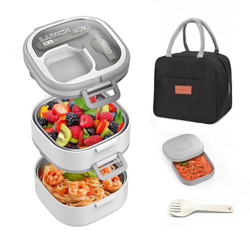 PEDECO Stackable Stainless Steel Bento Box with Insulated bag,Leak-Proof,2-Tier Bento box,Lunch Box With Portable Sauce Pod and Cutlery-for Kids/Adult,Dishwasher Safe,White - color: White, size: Stainless Steel Double Layers with Lunch Bag