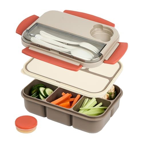 Restaurantware-Bento Tek 43.9 Ounce Bento Box, 1 Reusable Lunch Container - With Cutlery, Does Not Contain BPA, Brown And Orange Plastic Reusable Lunch Box, Sauce Cup Included, Microwavable - size: 1 Count, style: 44 oz - Brown