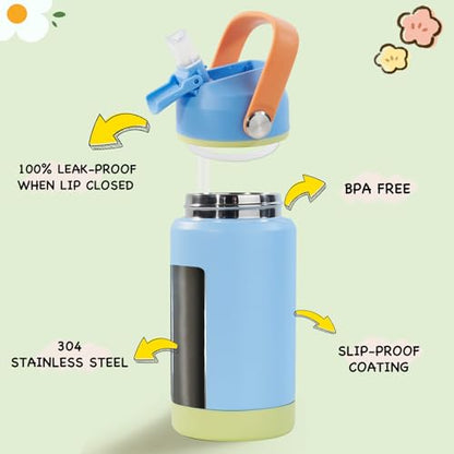 12oz Kids Water Bottle 2 Pack, Stainless Steel Insulated Water Bottle For Kids, Toddler Cup With Straws Leak-proof, Kids Water Bottles For School Boys Girls, BPA Free, Twilight Green+Sky 2-piece set - color: Twilight Green+Sky