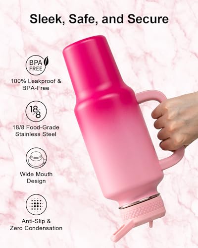 Trebo Insulated Water Bottle 40oz Fits in Car Cup Holder with Side Handle | Stainless Steel Metal Tumbler with Straw Spout Lids, Triple-Wall Vacuum Copper Plated, Cold 48 Hrs Hot 24 Hrs for Travel, Gym - color: Pink, size: 40 Ounces