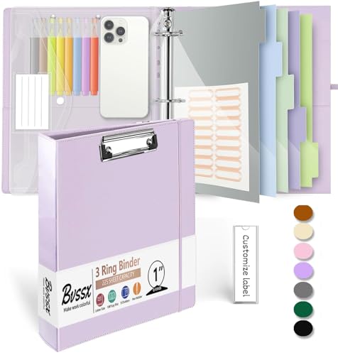 3 Ring Binder, 1 Inch Leather Binders with Clipboards, 5-Tabs Pockets Dividers, 18 Divider Stikers, Plastic Folder, Pen Holder, Three Ring Binder with Pen Holder(Purple, Letter Size) - color: Purple, size: 1in（Letter Size）