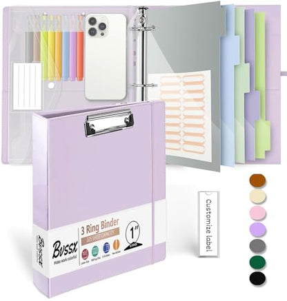3 Ring Binder, 1 Inch Leather Binders with Clipboards, 5-Tabs Pockets Dividers, 18 Divider Stikers, Plastic Folder, Pen Holder, Three Ring Binder with Pen Holder(Purple, Letter Size) - color: Purple, size: 1in（Letter Size）