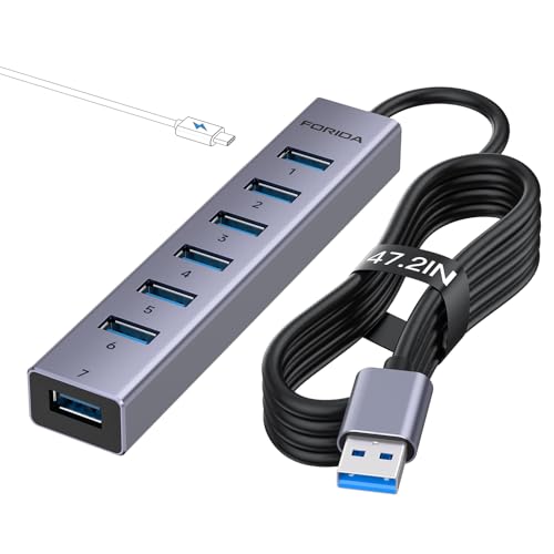 FORIDA Aluminum Alloy 8 Port USB Hub Long Cable USB Splitter with 7-USB3.0 Data Ports and TypeC 5V/3A Power Port Compatible with MacBook, Laptop,Surface Pro, PS5, PC and More (Gray, USB A-47in) - color: 47.2in Gray, size: USB A