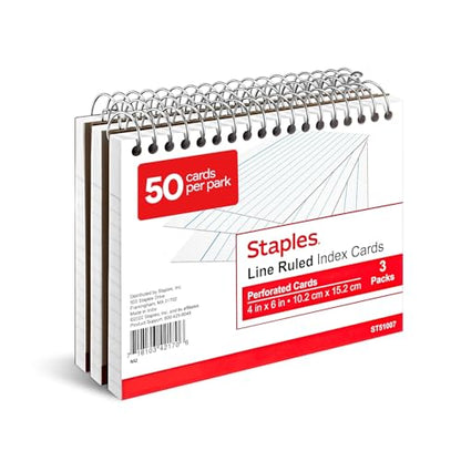 Staples Index Cards, 4" x 6", Lined, White, Acid‑Free, Micro‑Perforated, 150 Cards – Tear‑Off Ruled Cards for Notes & Projects - style: 3 Pack