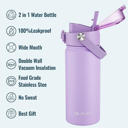 OLDLEY 18oz Insulated Water Bottle with 2-in-1 Straw & Chug Lid, Leakproof Stainless Steel Bottle, Cup Holder Friendly Vacuum Water Bottle for Travel, and School,Purple - color: Purple