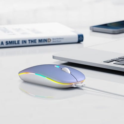 Wireless Bluetooth Mouse, Rechargeable, LED, Silent, Ultra-thin Design (Bluetooth 5.2 and 2.4GHz USB Receiver) | Portable Computer Mouse for Laptops, iPads, MacBooks and Apple Devices (purple) - color: purple