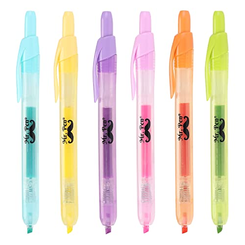Mr. Pen- Retractable Highlighters, 6 Pack, Pastel Colors | Chisel Tip Highlighter Marker Set, Click Highlighter Markers for Classroom, Journaling, Study Supplies - color: Pastel