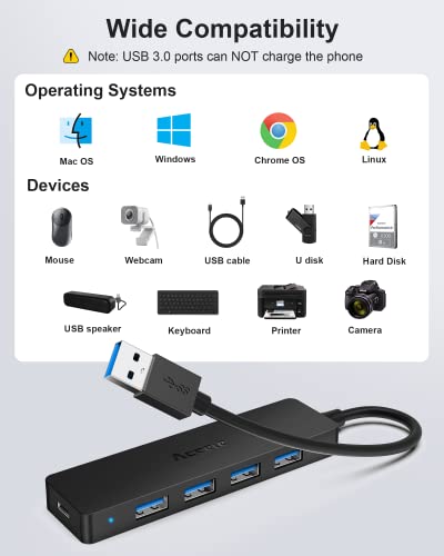 Aceele 4-Port USB 3.0 Hub, Ultra-Slim USB Hub with USB-C Powered Port[Charging/Monitor Not Supported], USB Port for MacBook, Mac Pro, iMac, Mac mini, XPS, PC, Laptop, Flash Drive, Mobile HDD - style: 0.63ft (4A)