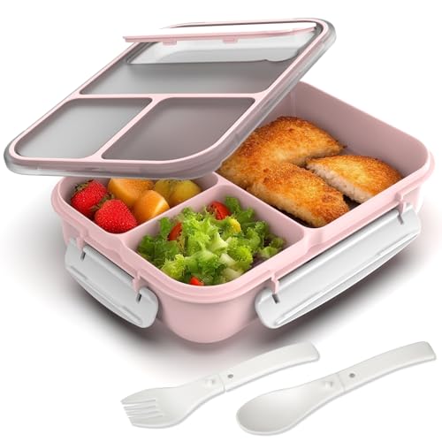 WHALEHOUSE Large Capacity Bento Box for Adult, 1700ML 3 Compartments Lunch Box with Utensil, Airtight Food Container with Lids for Meal Prep, Microwave/Dishwasher/Freezer Safe, On the Go (Pink) - color: 1700mL-Pink