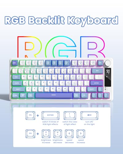 Womier DK75 75% Wireless Gaming Keyboard, RGB Backlit Creamy Keyboard with Media Knob, OLED Screen, Tri-Mode 2.4GHz/USB-C/BT5.0, Anti-Ghosting No-Conflict Silent Membrane Keyboard for MAC Windows - color: Blue&Purple
