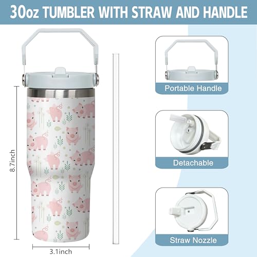 Queen Hero 30 oz Pig Tumbler with Handle, Large Insulated Tumbler with Flip & Straw Coffee Mug Cup Stainless Steel Gifts for Women Men Youth - color: Pig