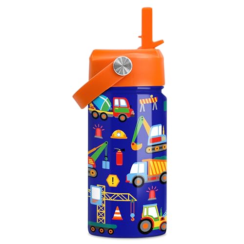 Construction Water Bottle - Kids Water Bottle with Straw Lid - 12 Oz Insulated Stainless Steel Water Bottles for Kid Boys - Travel Cup for School Sports - color: Construction 3
