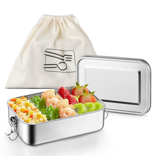 TeamFar Stainless Steel Bento Box, 47oz/1400ML Large Metal Lunch Box | Lunch Container for Adults / Kids, for Home/School/Office/Travel, with 2 Removable Dividers, Leak-Proof & Dishwasher Safe - size: 1400ML