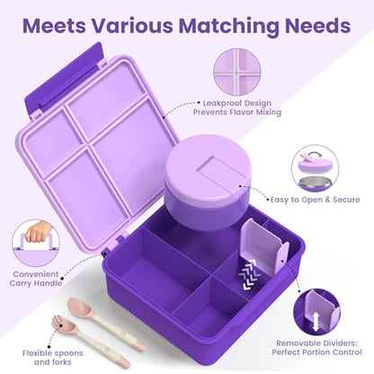 LOHASOK Bento Lunch Box Kids with 8oz Soup Thermo, Leak-Proof Lunch Containers with 4 Compartment, Thermo Hot Food Jar and Insulated Lunch Box for School Purple - color: Purple