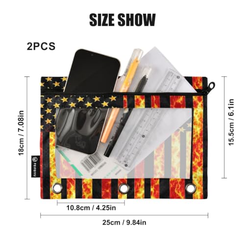 Gredecor 3 Ring Binder Pencil Pouch, American Flag with Fiery Zippered Pen Case Pouches with Clear Window, 2 Pack Stylish Office & School Supplie - color: American Flag With Fiery
