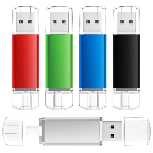 4GB USB C Thumb Drive, AreTop USB 2.0 Dual Flash Drive 4GB USB Drive | 2-in-1 Portable Type-C Memory Stick for Android Smartphone, MacBook, Tablets, PC (5 Pack 8GB, Black/Blue/Sliver/Green/Red) - color: 5 Pack, size: 4GB (USB 2.0)