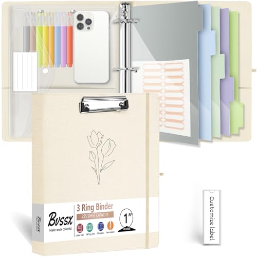 1 Inch 3 Ring Linen Binder Organizer, BVSSX Three Ring Binders with Clipboard, Plastic Folder, 5-Tabs Pocket Dividers with Sticker Labels, Pen Loop, Elastic Strap (Beige, Letter Size) - color: Beige Flower, size: 1in（Letter Size）