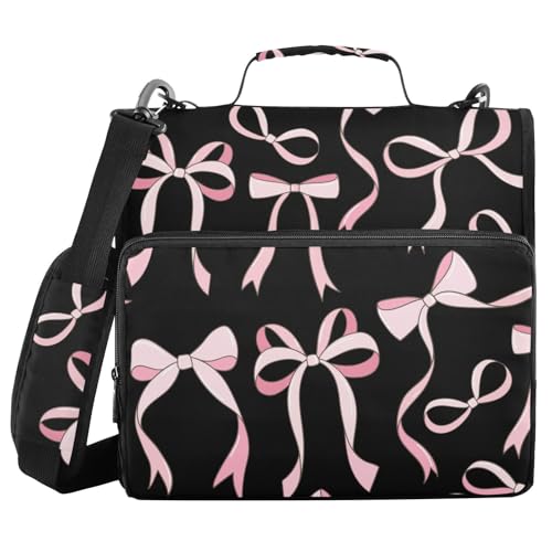 Pink Ribbon Bows Black Zipper Binder with Shoulder Strap Bag 3 Ring Binder Organizer Large Capacity Multiple Compartments for School Office - color: Multicolored 18