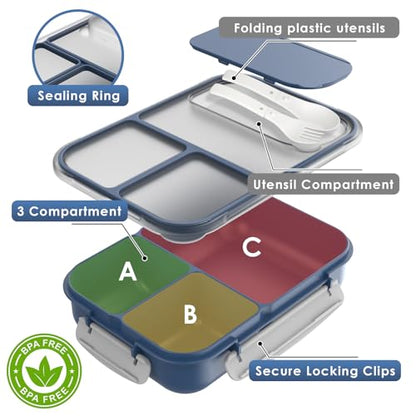 WHALEHOUSE Large Capacity Bento Box for Adult, 1700ML 3 Compartments Lunch Box with Utensil, Airtight Food Container with Lids for Meal Prep, Microwave/Dishwasher/Freezer Safe, On the Go (Dark Blue) - color: 1700mL-Dark Blue