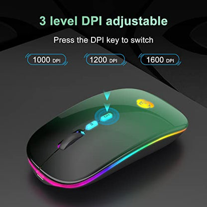 LED Wireless Mouse, Bluetooth Mouse &2.4GHz Instant Connection,Rechargeable Ultra Silent Slim,3 DPI 2 Connection Modes with USB-C to USB Adapter for Laptop/MacBook/PC/Tablet/iPad (Black-green) | Bluetooth mouse with 2.4GHz USB receiver, silent slim design